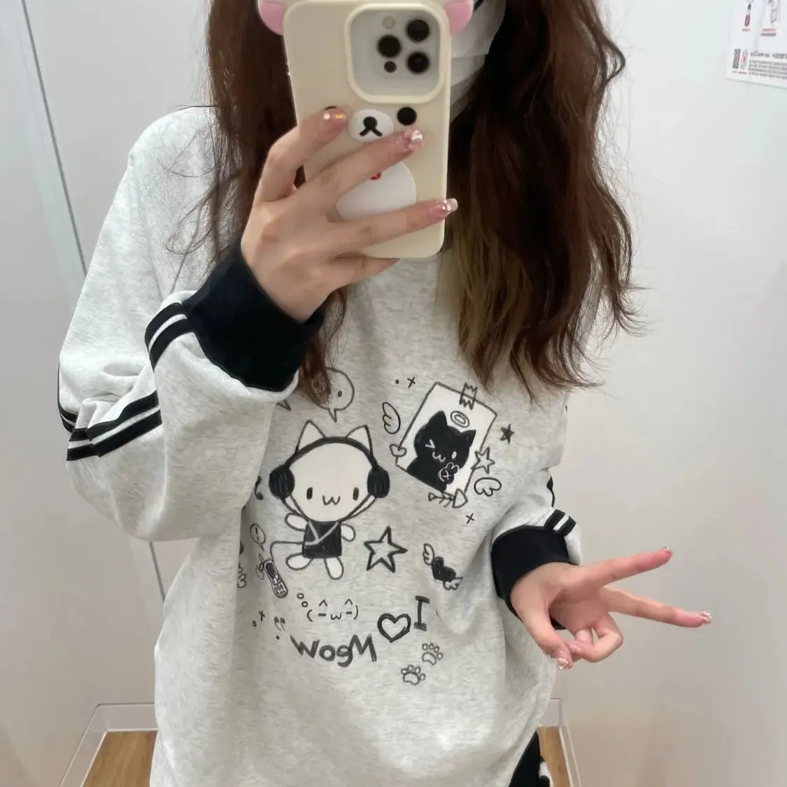 التباين اللون شريطية طويلة الأكمام البلوز الخريف اليابانية الخريف الشتاء الكرتون ثقافة فرعية الرياضة البلوز Y2k الجمالية