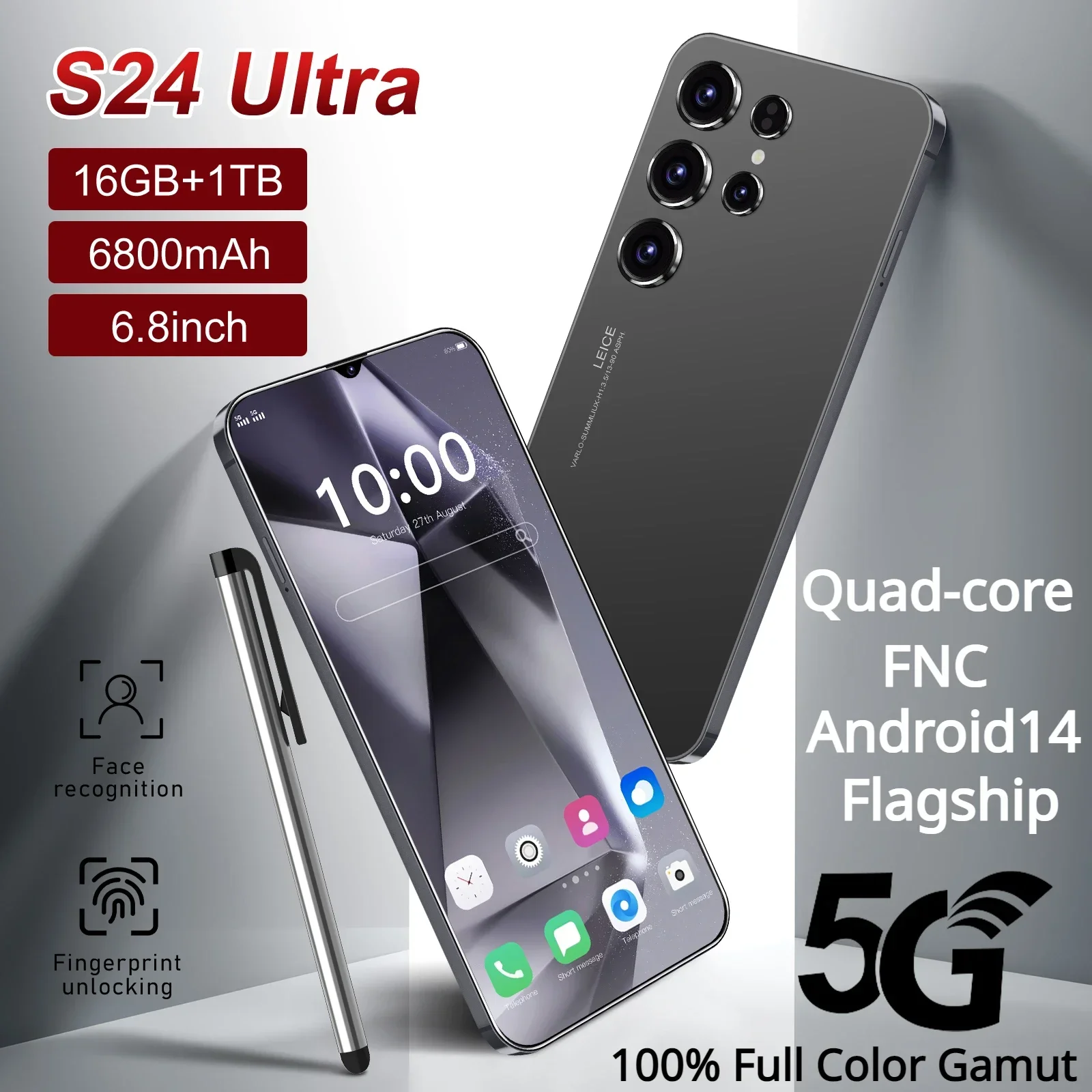 

New S24 Ultra Flagship Smartphone Quad-core 16GB+1TB 6.8-inch Android14 6800 MAh Battery 50MP+108MP 100% Full Color Gamut HD NFC