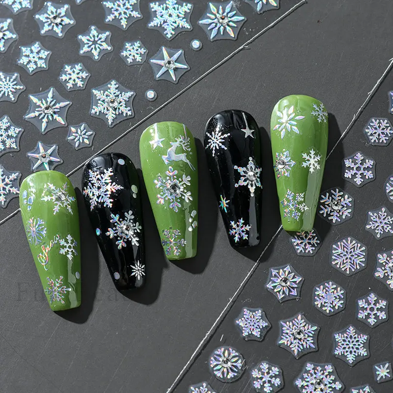 2pcs White Snowflake Nail Stickers With Sparkling Crystal Rhinestones Winter Christmas Design Self-Adhesive Sliders Decals Festi