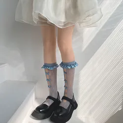 Women's Stockings Korean Cute Sheer Lolita Mesh Bowknot Thin Knee High Lace JK Hollow Out Ladies Sock Calcetines Frilly Socks