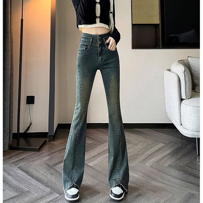 

2026 New Girls Chic Double Button Flared Jeans Lady Raw Edge Designer High Waist Thin Pants Female Solid Denim Trousers