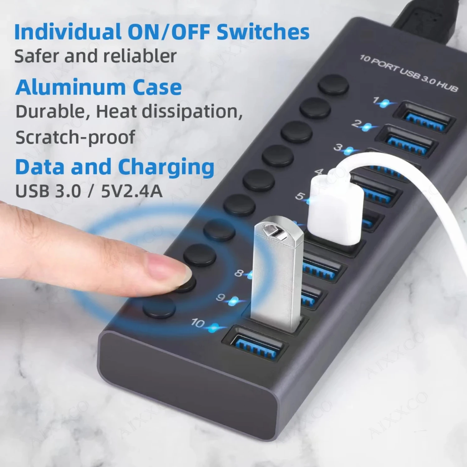 7/10 Ports USB 3.0 Hub Multi USB Splitter with Switch Power Adapter Multiple Expander for Laptop Accessories MacBook Splitter