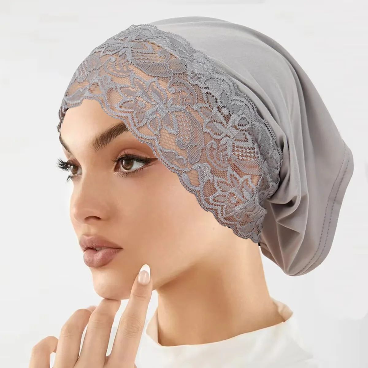 Muslim Headwear Inner Hijab Undercap With Lace Solid Color Islam Headscarf Hijab Bonnet Soft Stretch HIjabs Tube Cap Turbante view 4