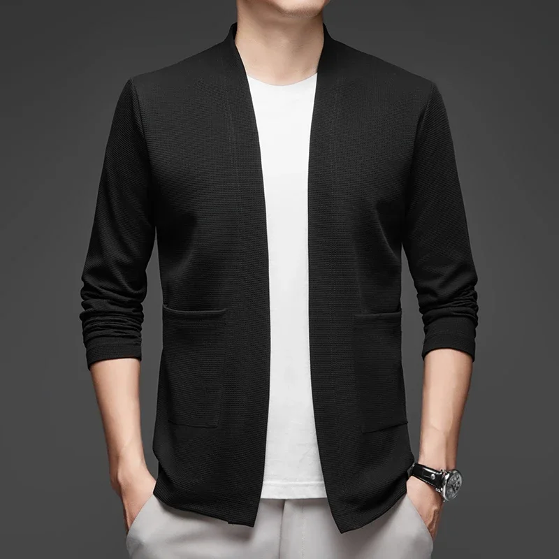 New Men's Business Casual Long Sleeved Solid Color Cloak Jacket Knitted Comfortable and Fashionable All Season Versatile Top