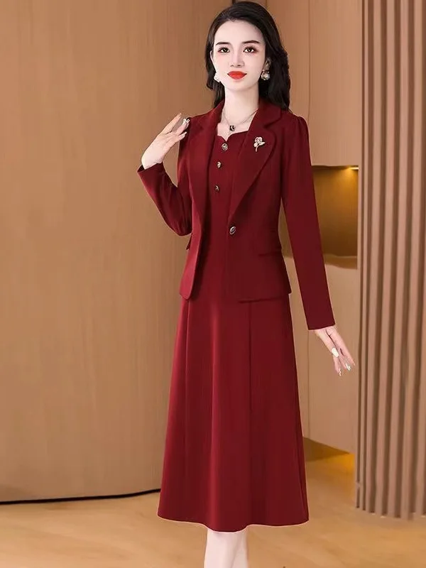 

Ele High-End Long Sve Suit Dr Set for Women Spring Autumn New Arrival Ladylike Mommy Clothes Two-Piece Ensemble