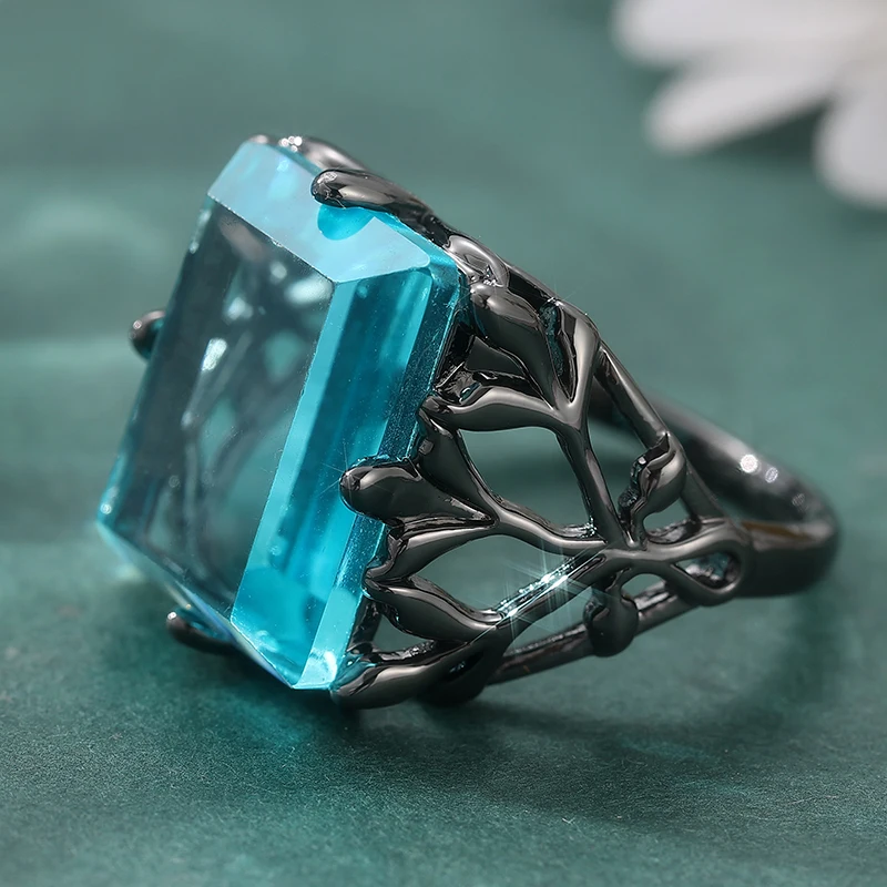 Vintage-Ring für Damen mit eingelegtem meerblauem CZ, ethnisch, schwarz, handgeschnitzt, hohl, für den Alltag, Party-Schmuck, Jubiläumsgeschenk – Detail 4