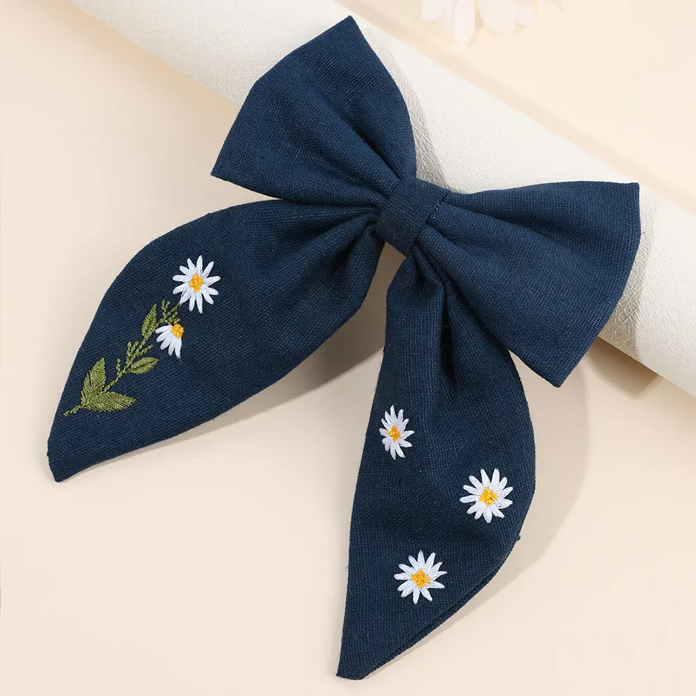 Fashion Ribbon Embroidered Flower Children Hairpin Daisy Bowknot Hair Clip Korean Bow Girls Barrette Kids Hair Accessories