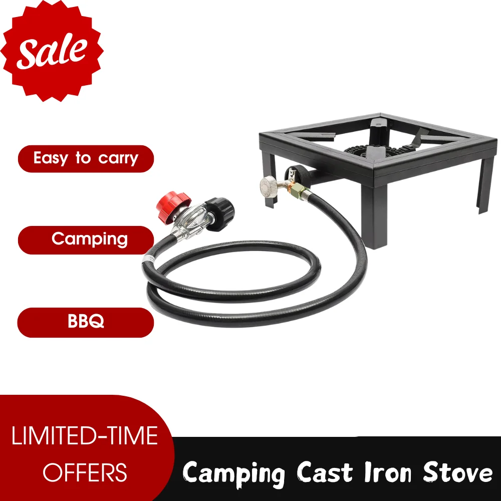 

Camping Cast Iron Stove Burner, Propane Gas BBQ Cooker with Regulator & Hose