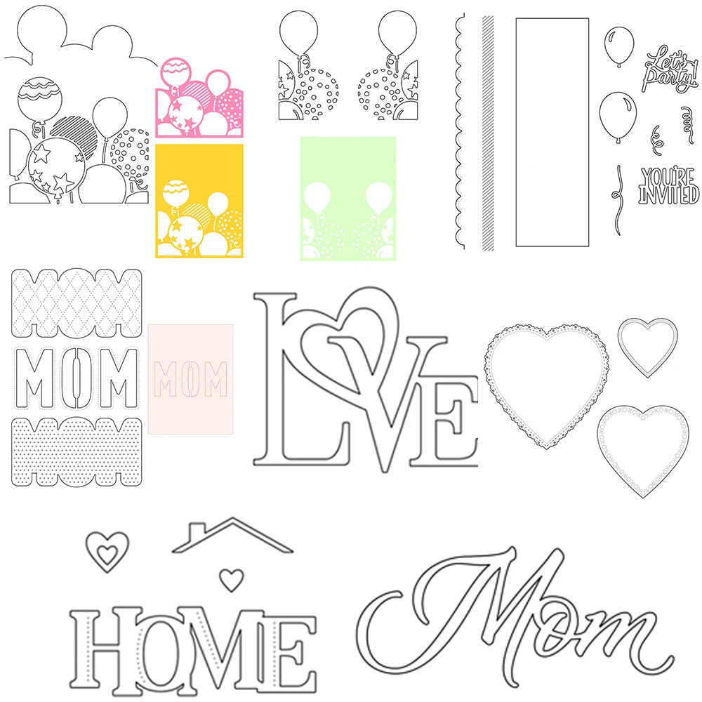 Balloon Heart Frame Metal Cutting Die LOVE MOM HOME Words DieCut Set For Valentine's DIY Scrapbook Paper Card Embossed Craft New