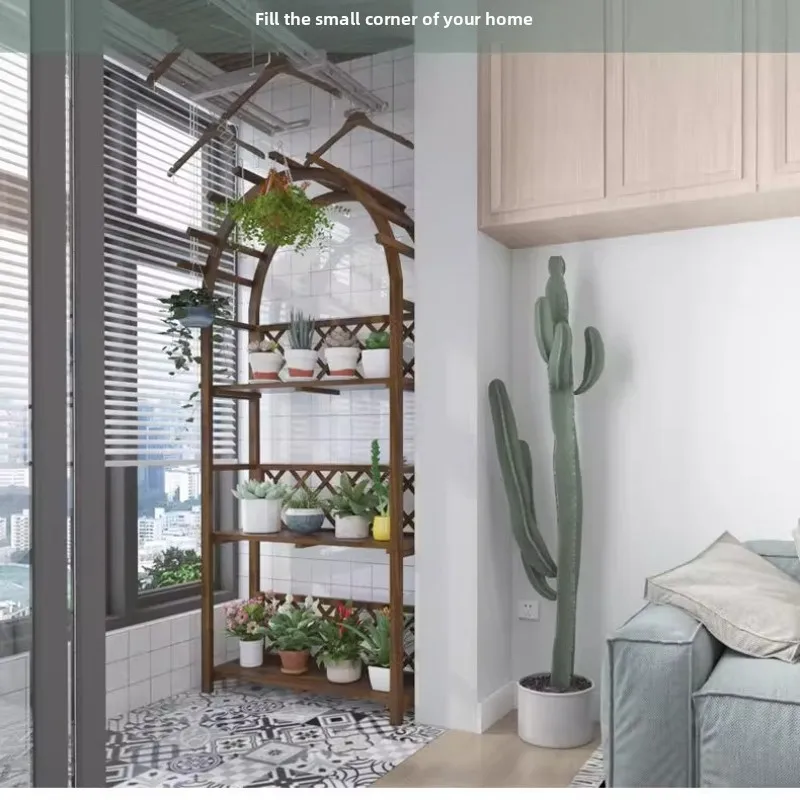 일본식 걸이형 캐비닛, 원목 식물 발코니 꽃꽂이대, 바닥부터 천장까지 다층 코너 꽃꽂이대