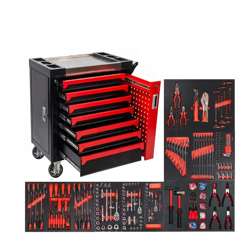 420 Pcs 7 Drawers Workshop Metal Tool Trolley Garage Tool Cabinet/ Cart/ Chest Heavy    Mechanic Tool Set Box for Car Repair