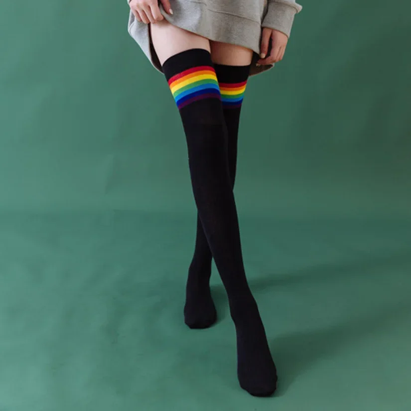 Rainbow Over Above Knee Socks Women Striped Ladies Girls Black White Winter Thigh High Stockings Cotton Japanese Style Long Sock