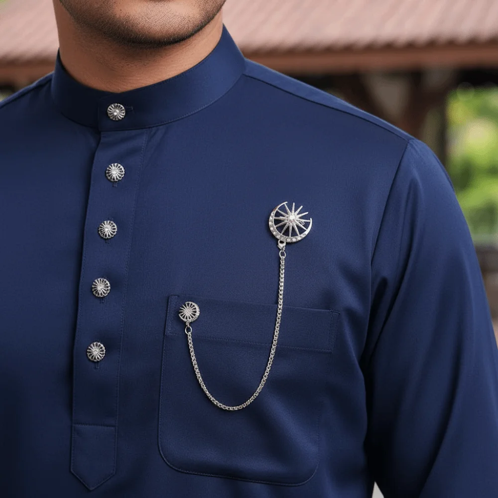 5pcs Corsage Ornament Butang Baju Melayu Vintage Rhinestone Baju Melayu Studs Star and Moon Golden / Silver Brooch with Chain