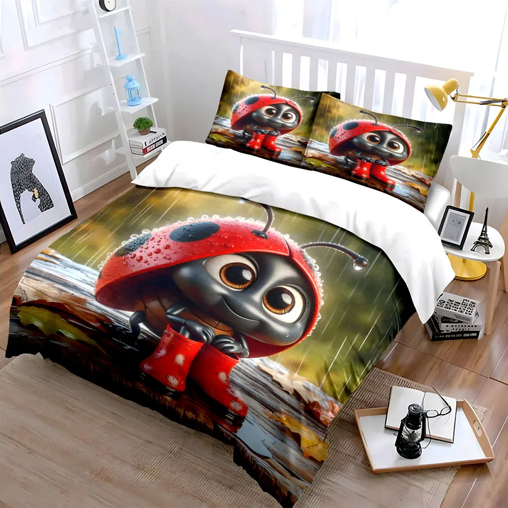 Cute ladybug wearing rain boots Print Bedding Set 1 Duvet Cover 2 Pillowcases for Adult and Children Luxury Gift Full Size