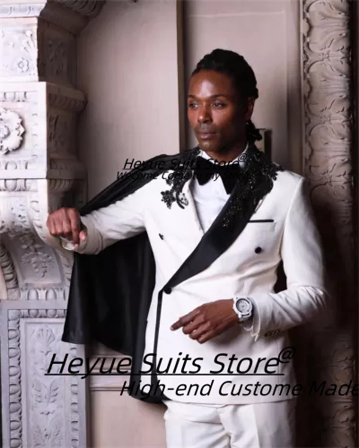 Customized White Men Suits Fashion Double Breasted Shiny Beading Groom Wedding Tuxedos 2 Pcs Sets Male Party Blazers Ropa Hombre