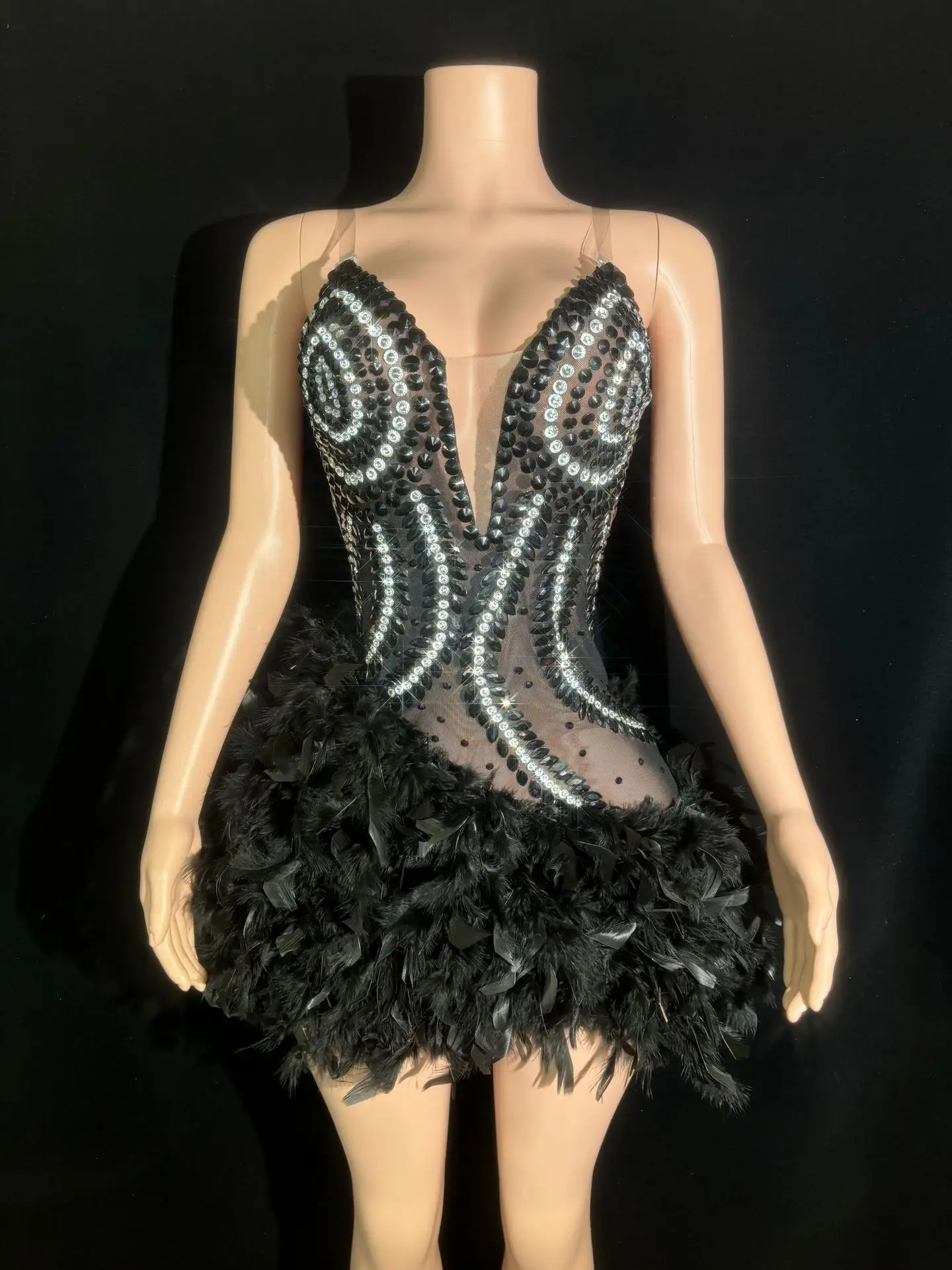 Women Sexy Backless Mesh Crystal Diamonds Feathers Performance Costume Stage Dancer Mini Stretchy Night Club Party Dress