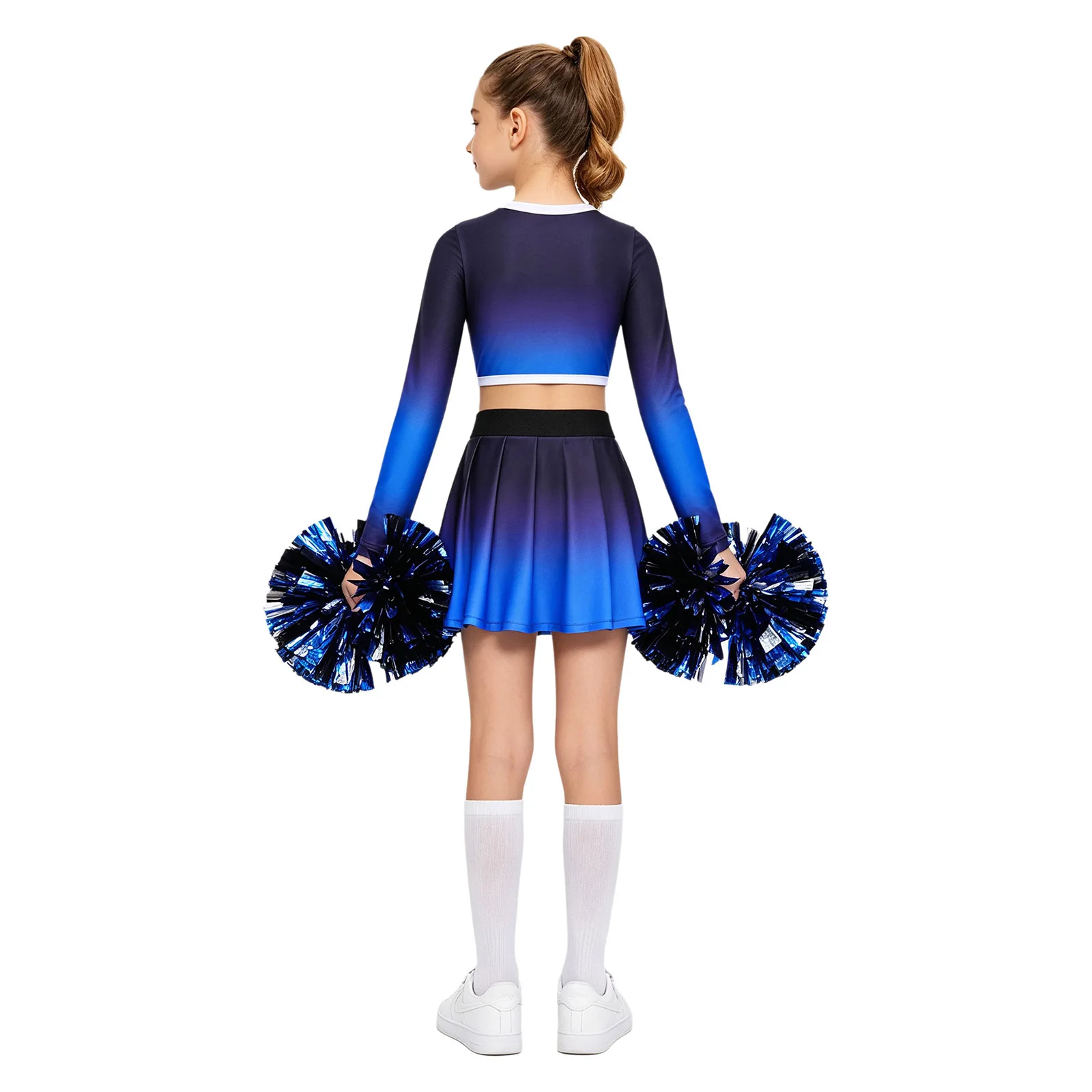 Cheerleader-Kostüm für Mädchen mit Farbverlauf, CHEER-Buchstabendruck, langärmeliges Crop-Top mit V-Ausschnitt, asymmetrischer Rock, Kinder-Cheerleading-Uniform – Detail 11