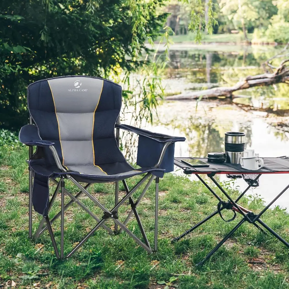 Camping Chair Oversized Heavy Duty Padded Outdoor Chair with Cup Holder Storage and Cooler Bag, 450 LBS Weight Capacity, Thicken