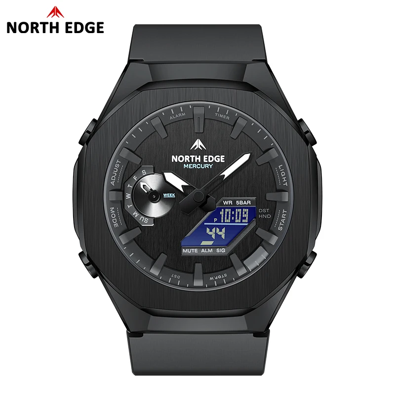 NORTH EDGE Men's Military Digital Watch Stopwatch Waterproof 50m Sports Watches World Time LED Wristwatch Reloj Hombre MERCURY