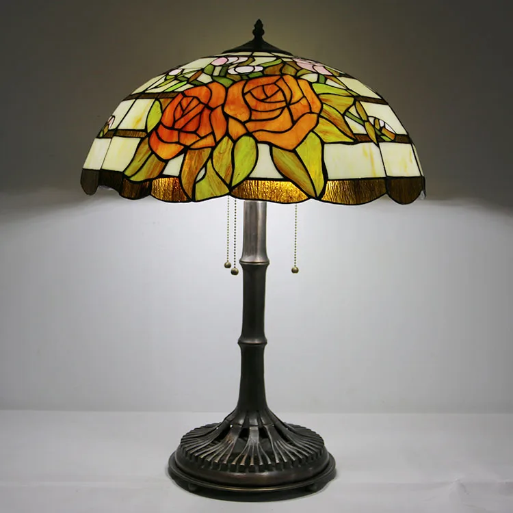 European 19.8Inch Stained Glass AC Table Lamp Handmade Flower Lampshade Copper Base LED Multicolored 2700K Warm