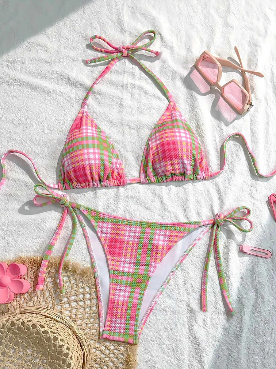 

Микро-бикини 2026: Сексуальный женский купальник с эффектом пуш-ап, комплект бикини в клетку, пляжная одежда для женщин