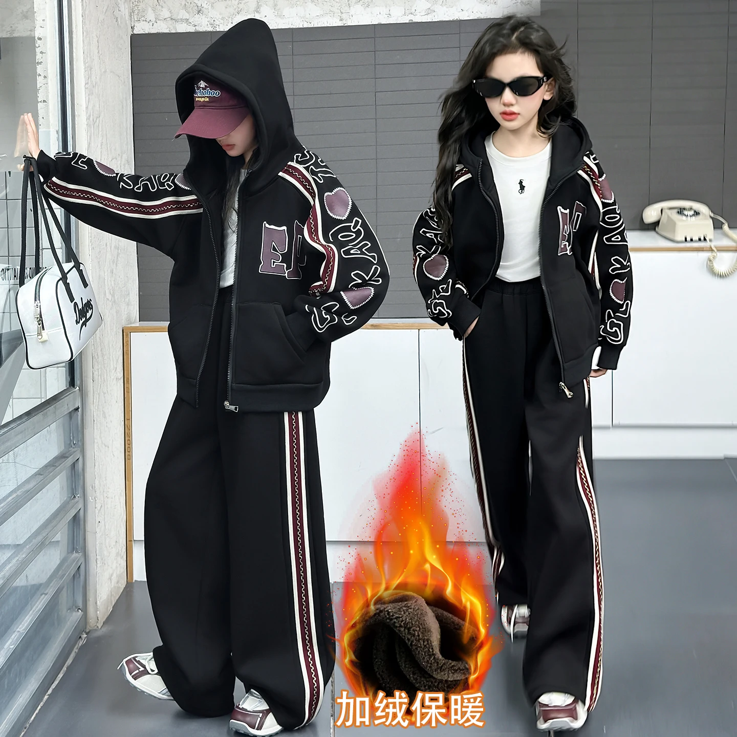 

winter teen girls sweatsuit clothes suit plush hooded sweatshirt+velvet wide leg pants 2pcs junior kids sport set child outfits