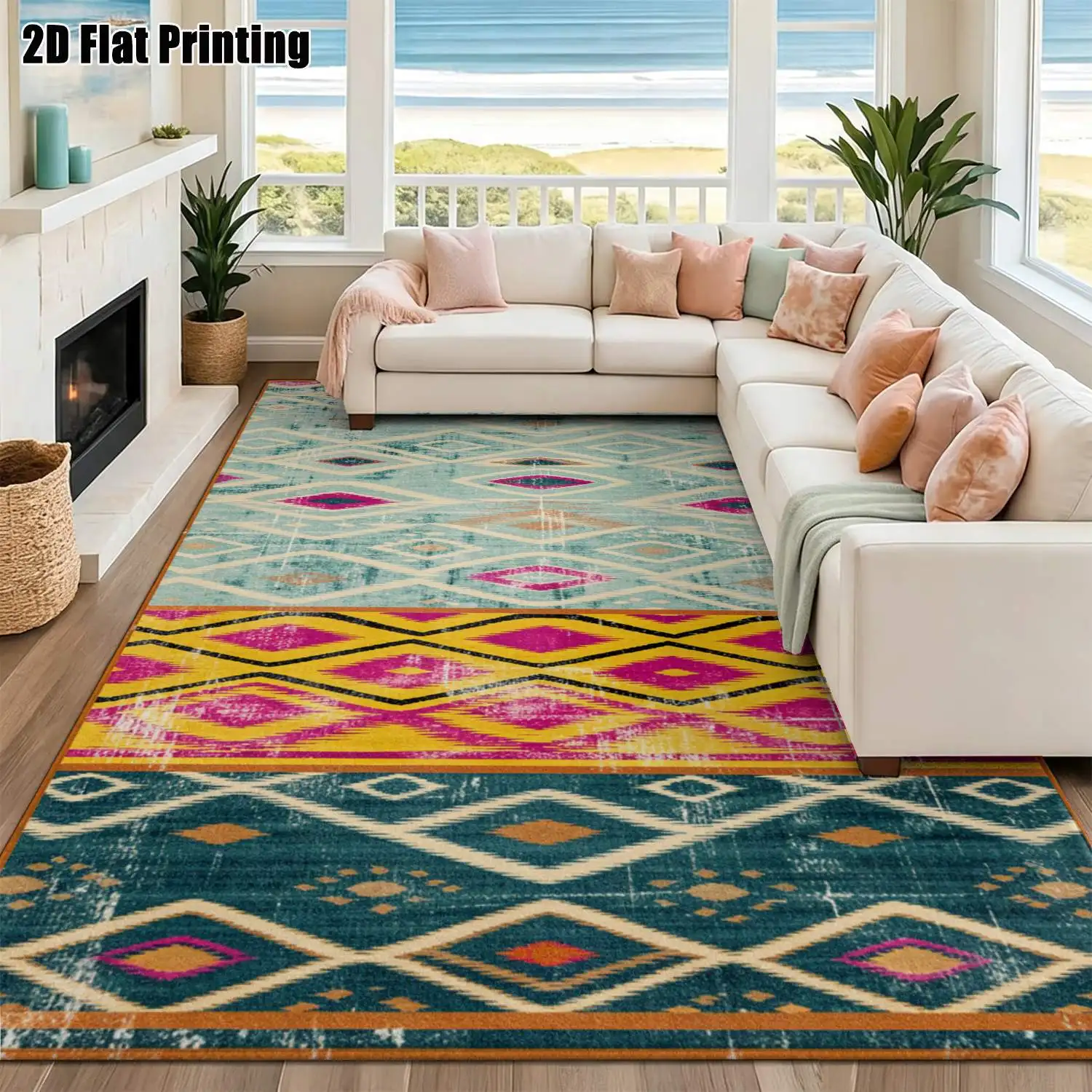 1Pc 2D Printed Carpet: Contrasting Geometric Diamond Patterns, Vintage/Bohemian/Simple Style, Machine Washable, Multi-Size, Ideal for Home Decoration & Various Scenes