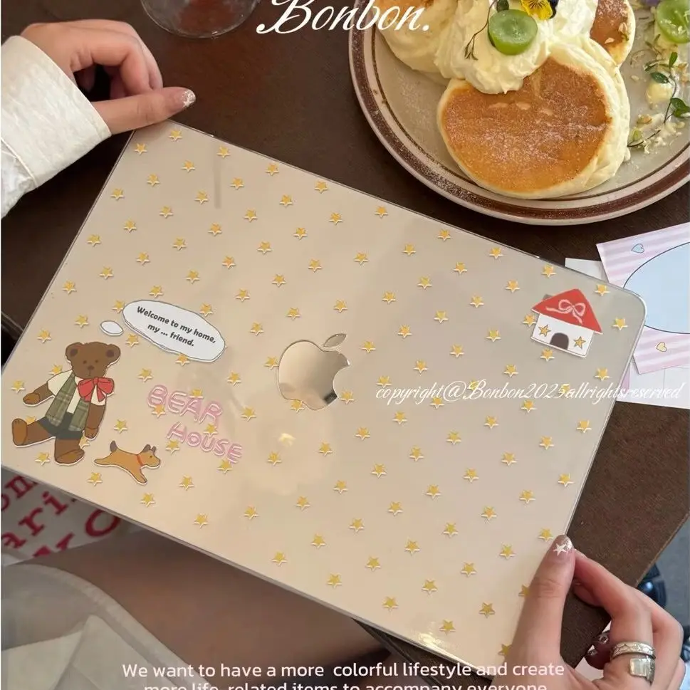 Yellow Star Bear Crystal Laptop Case For Macbook Air 13.6 M4 NEO 15 M3 Hard Cover For Mac Book Pro 13 M1 M2 14 M4 M5 16 Cover