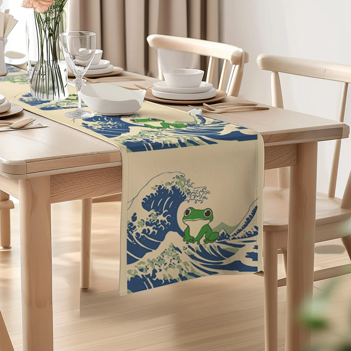 print table runner Frog Wave Ukiyoe Tablecloth for Seasonal Celebrations Both Indoor And Outdoor Dining Settings