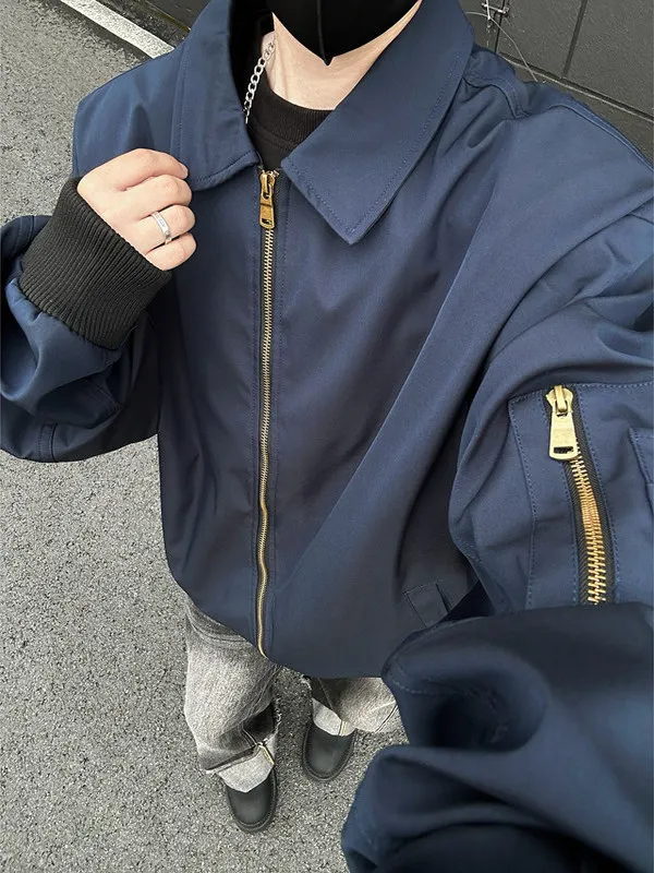 

Свободный крой, мужская летная куртка, однотонная повседневная застежка-молния, длинная ветрозащитная полиэфирная ткань све, весна-осень