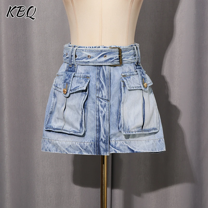 

KBQ Slimming Spliced Pocket Mini Denim Skirts for Women High Waist Temperament A Line Short Skirt Female Autumn Fashion Style