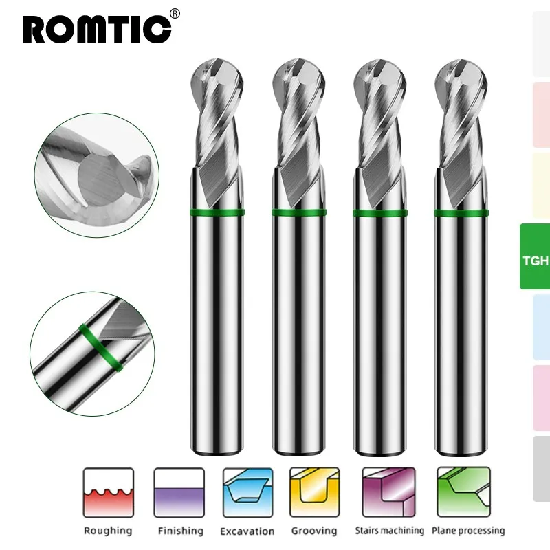 ROMTIC TGH-HRC50 fresa in alluminio carburo di acciaio al tungsteno 2F rivestimento ad anello colorato CNC utensili per frese a candela con estremità a sfera meccanica