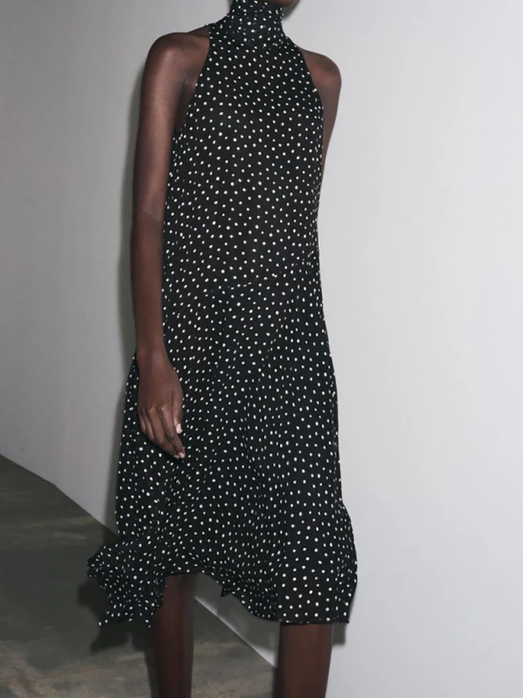 

New Summer Women Dot Printed Chic Maxi Dress, Holiday Sleeveless Simple Elegant Party Dress, 2025 Lace-Up Patchwork Ladies Dress