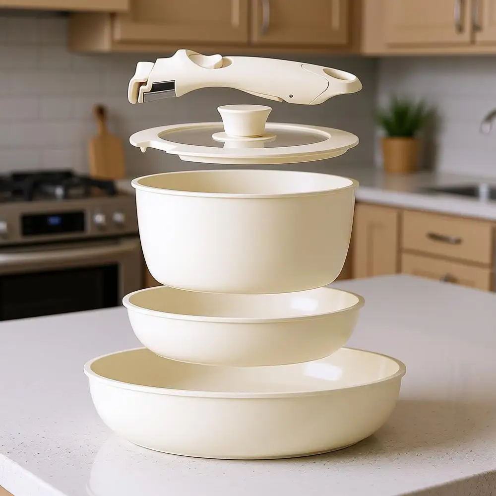 

Non Stick Kitchen Cookware Sets, Non Toxic Pots and Pans Set, Detachable Handle Pots and Pans 5 Piece, RV Cookware