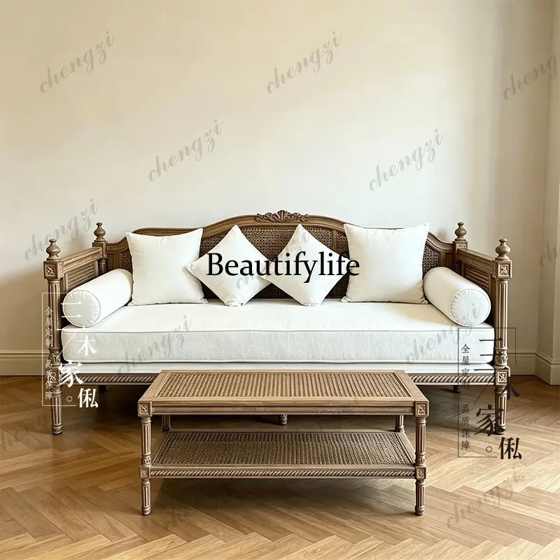 French solid wood sofa rattan backrest retro living room ash wood sofa can be customized