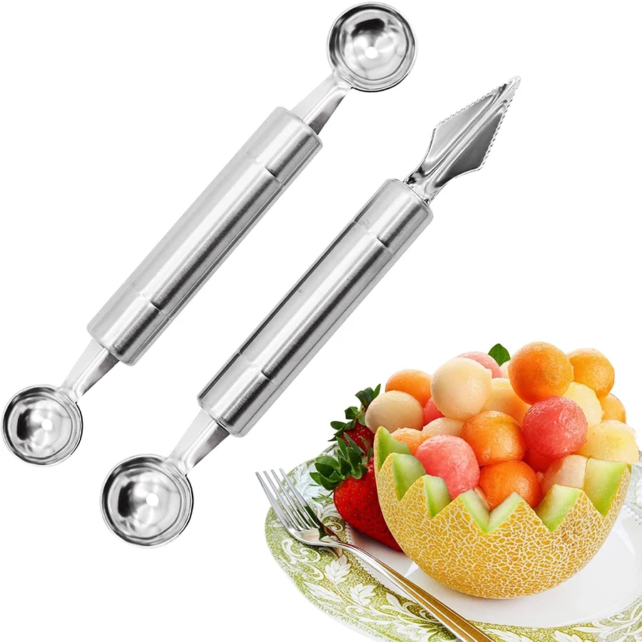 2 Piezas de Cuchara de Metal de Doble Cabeza para Frutas, Herramienta Multiusos para Tallar Frutas, para Sandía, Melón, Pitahaya, Cuchara Fácil para Postres
