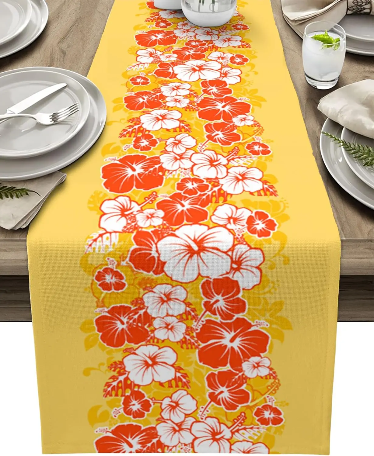 Summer Hibiscus Flower Linen Table Runner Holiday Party Decor Hawaiian Floral Orange Yellow Table Runners for Dining Table Decor