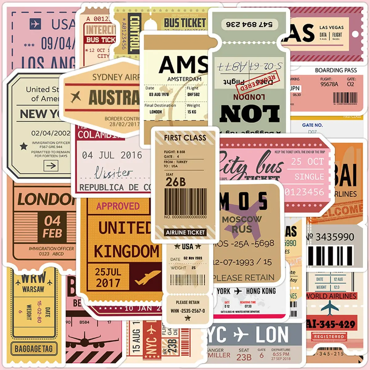 60 Vintage Travel Ticket Stickers, Nostalgic American Style, World City Ticket and Air Ticket Designs, Journal Decoration Stickers, Suitable for Travel Enthusiasts and Journal Collages