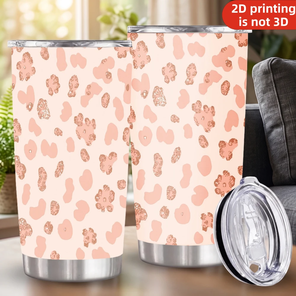 20oz Rose Gold Glitter Leopard Print Stainless Steel Tumbler with Lid and Straw, Soft Blush Pink Sparkle Cheetah Spots Vacuum Insulated Travel Coffee Mug Gifts