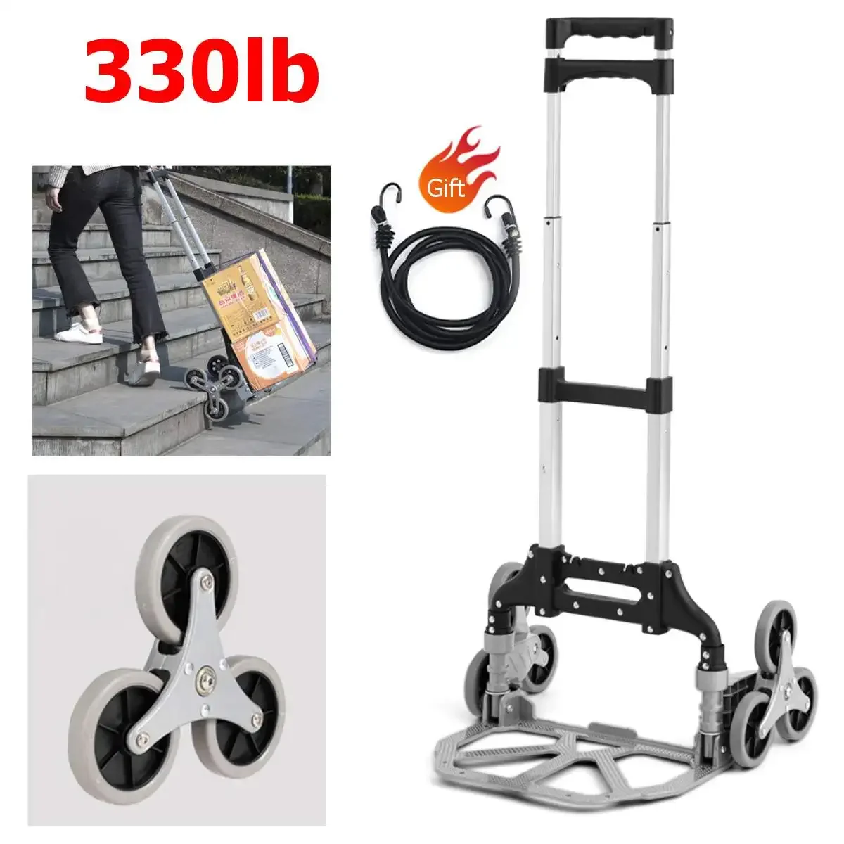 Folding Trolley For Upstairs Cargo 330lbs Stair Climbing Cart with Bungee Cord Portable All Terrain Stair Climbing Hand Truck