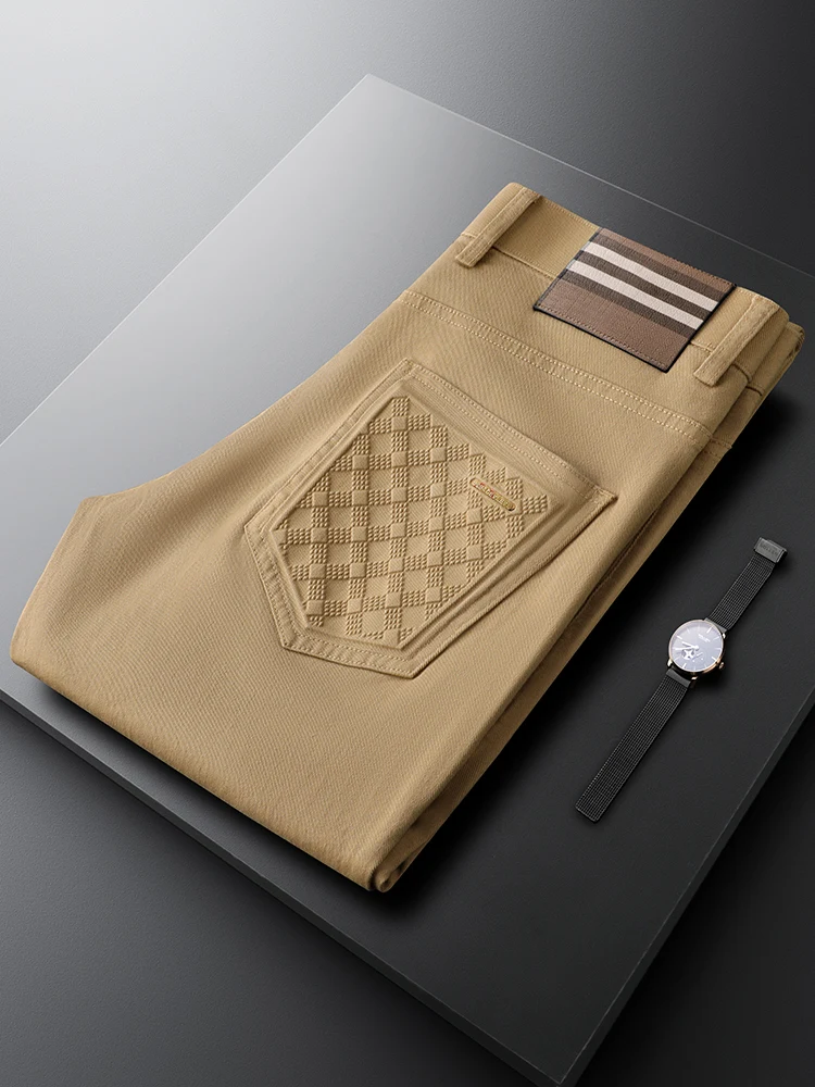 

Khaki Color Men's Slim Fit Cotton Denim Jeans Breathable Casual Straight Leg Spring Autumn Lightweight Business Casual Pants