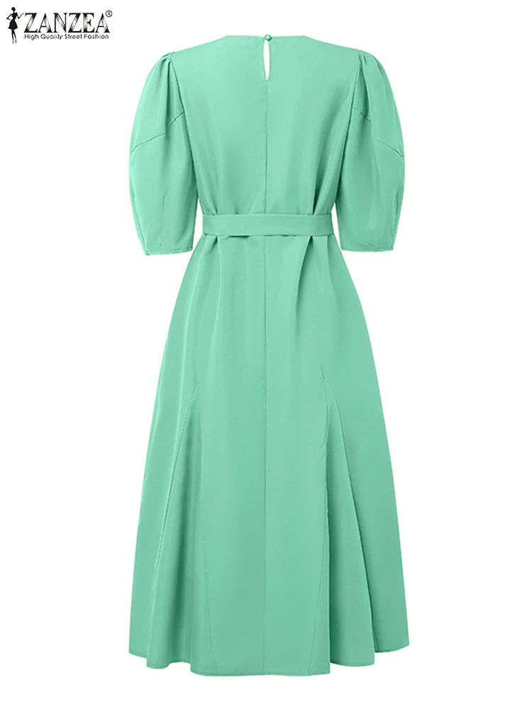 ZANZEA 2025 Frauen Lange Hemd Rüschen Kleid Mode Lässig Solide Elegante Büro Party Vestidos Belted Puff Sleeve Straße Midi Robe