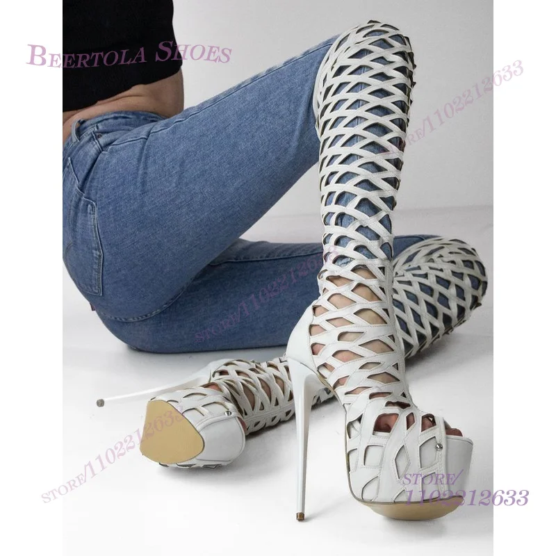 White Mesh Hollow Platform Knee Boots Women Stiletto Peep Toe Back Zipper Sexy Shoes Simple Summer Spotted Leather Sewing Shoes