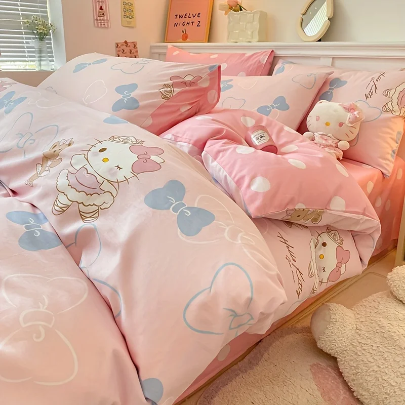 Hello Kitty Pink Girl Duvet Cover Cartoon Anime Bedding Set for Bedroom Decoration Best Gifts for Women Teens Queen King Size