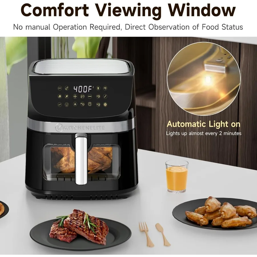 ステンレス製エアフライヤーオーブン 9.5QT 大型エアフライヤー 9つのワンタッチ調理プリセット 400F温度 大型窓付き ノンスティックパネル チルト機能付き