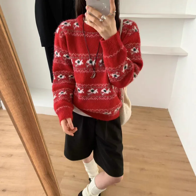 

Women's Red Retro Fair Isle Knit Sweater Loose Crew Neck Soft Warm Casual Pullover