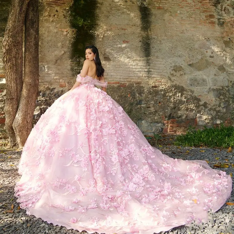 Lorencia-vestido De quinceañera rosa con escote Corazón, apliques De flores en 3D, dulce 16, Vestidos De XV Anos YQD401