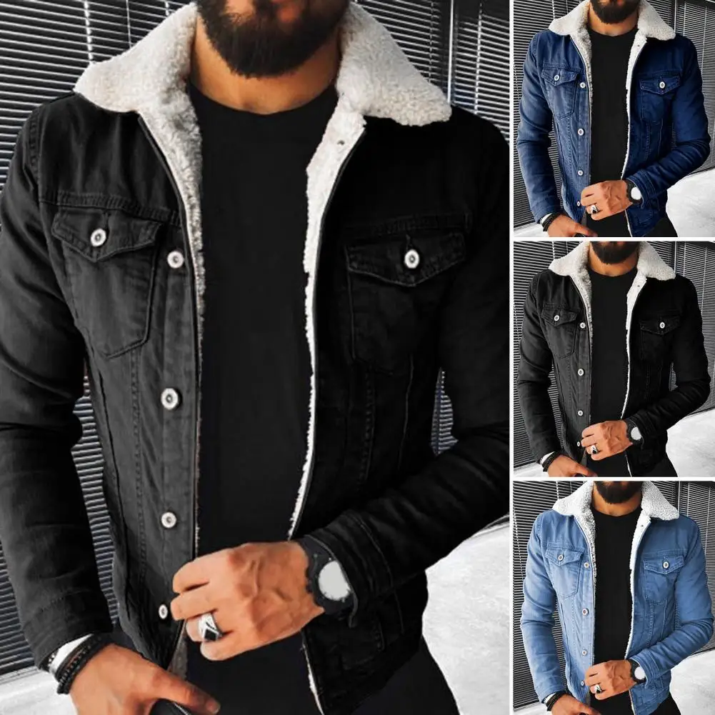 Denim Jacket Warm Men Coat Cozy All Match  Trendy Loose Turndown Collar Jacket Outerwear