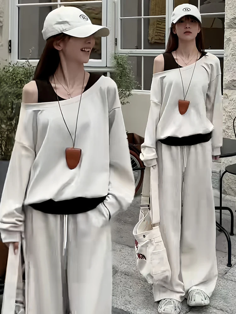 Faionable Commute oulder Bared Long Sve Women's Two Piece Set Casual Loose Fit High Waist Pants Breathable Cotton