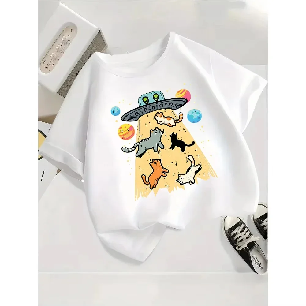 Cartoon Alien Spaceship And Cats Graphic Children Tee O Neck Short Sleeve T Shirt Boys Girls Summer Casual Outfit